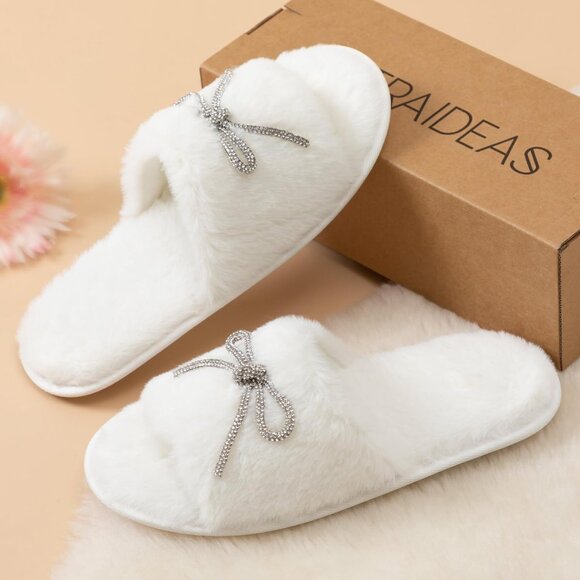 Women's Fuzzy Rhinestone Bow knot Open Toe White Slides Slippers Shoes - Picture 5 of 8